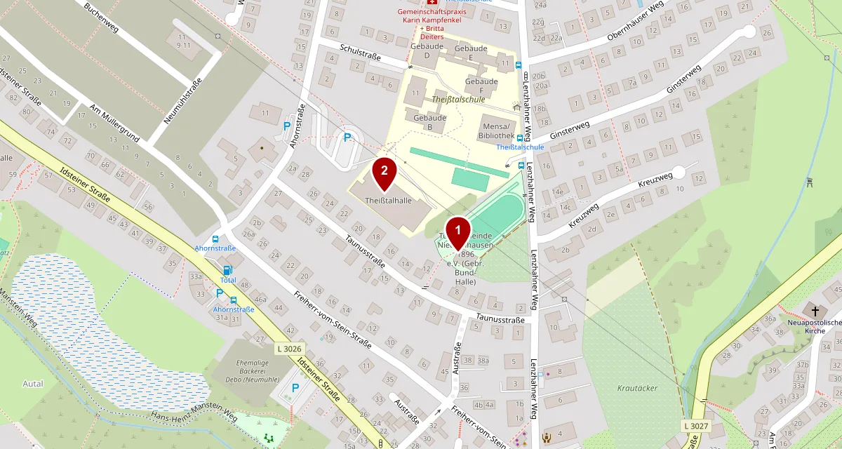Karte von Niedernhausen: 1 Gebrüder-Bund-Halle am Lenzhahner Weg, 2 Dreifeldhalle der Theißtalschule an der Ahornstraße, beide direkt nebeneinander.
